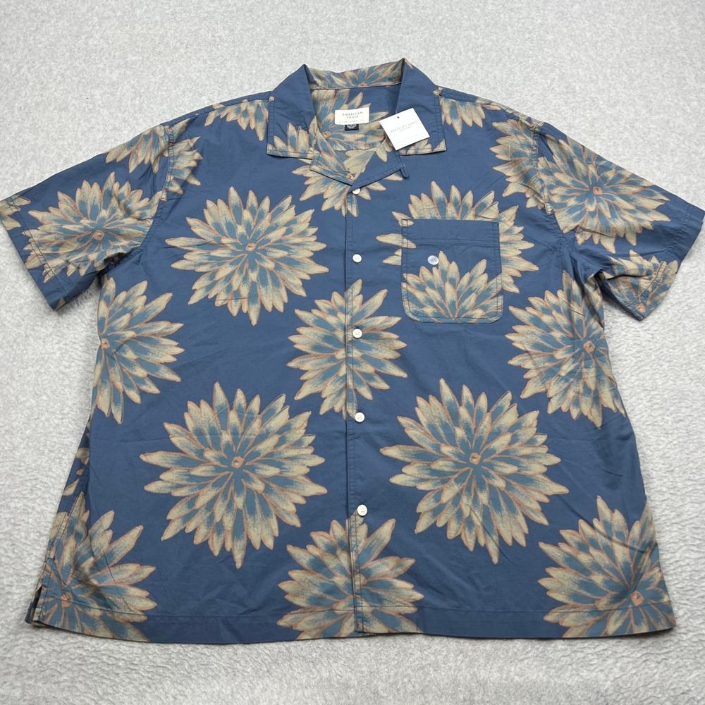 NEW American Eagle Button Up Shirt Mens XL Navy Blue Floral Poolside Loop Collar